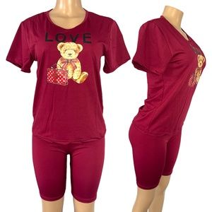 Biker Bermuda Leggings Short and T-shirt Outfit Size M Burgundy Women Casual Set